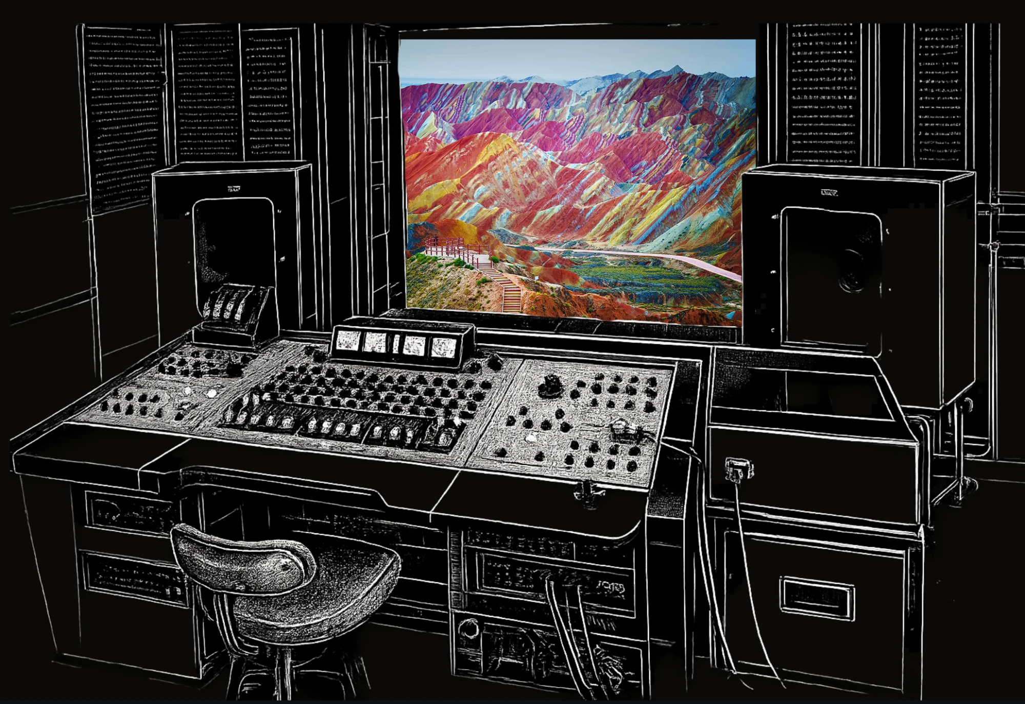 A studio console looking out over a rainbow mountain landscape